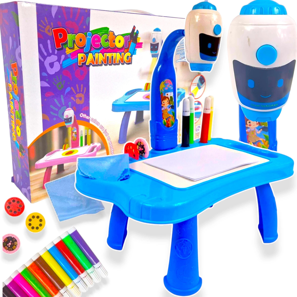 TABLICA DO RYSOWANIA PROJEKTOR STOLIK ŚWIATŁO DŹWIĘK 32 OBRAZKI BIURKO AKC