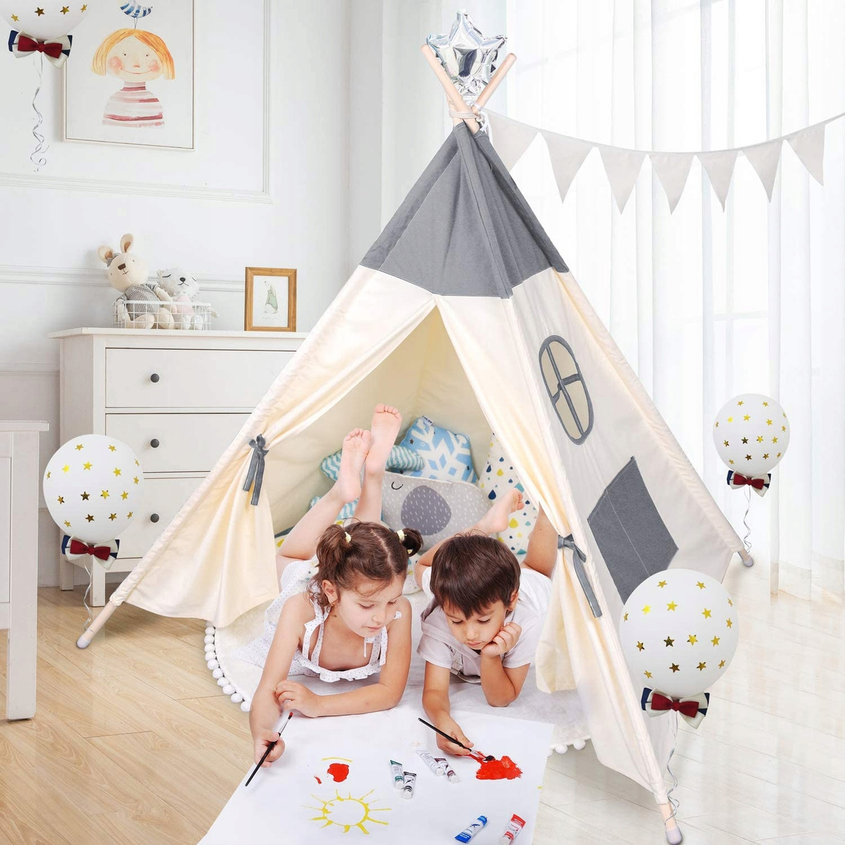 NAMIOT DLA DZIECI TIPI WIGWAM BAZA STABILNY + MIĘKKA MATA + LAMPKI LED