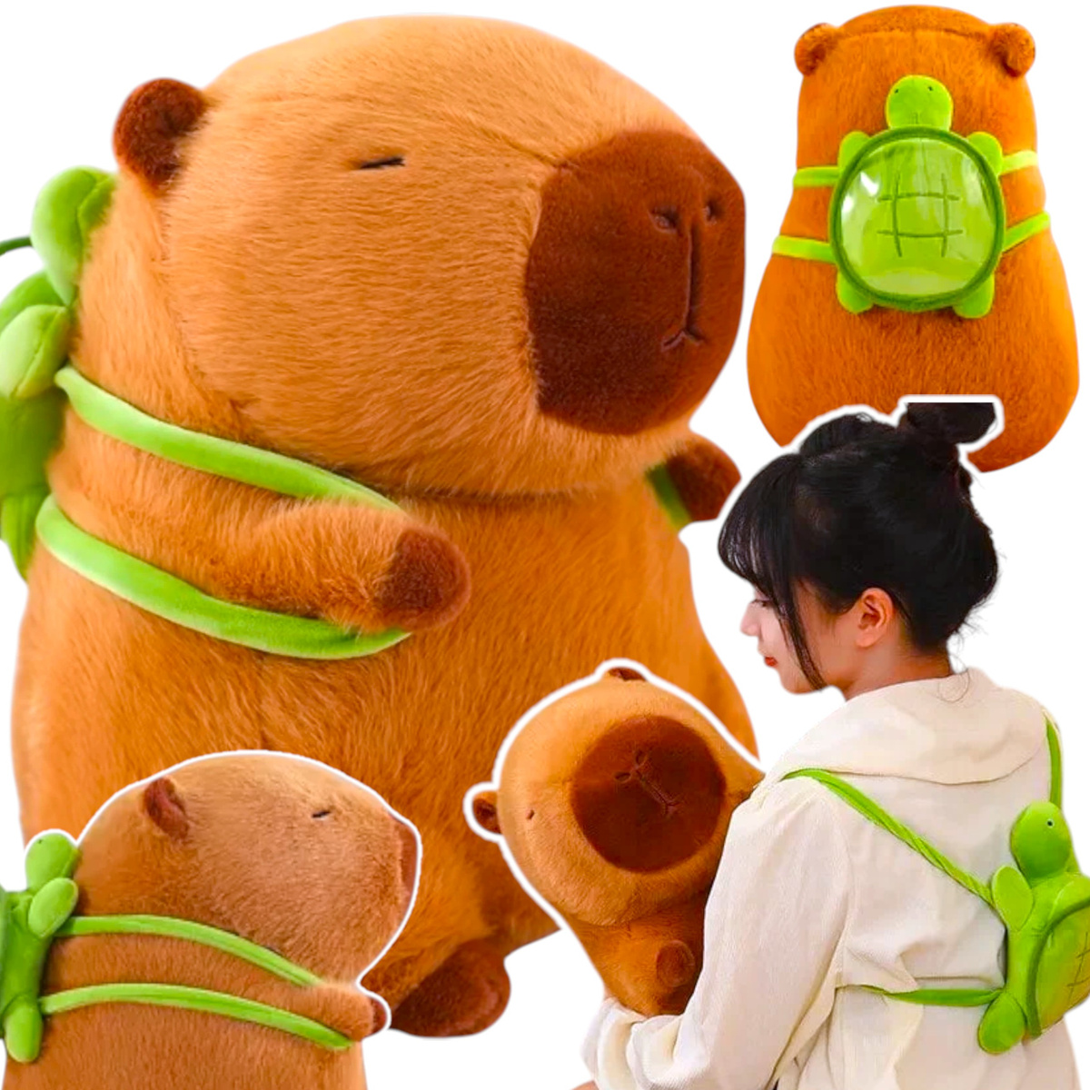 KAPIBARA PLUSZOWA MASKOTKA ZABAWKA Z PLECAKIEM ŻÓŁWIK 35CM MIĘKKA PLUSZAK 2W1