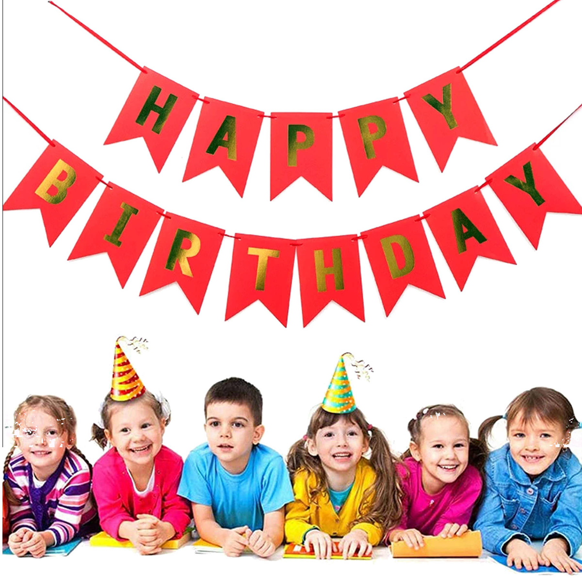 GIRLANDA URODZINOWA Z  NAPISEM HAPPY BIRTHDAY CZERWONA ZŁOTE NAPISY 200CM