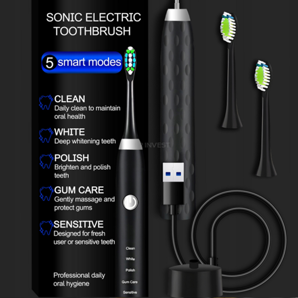 SZCZOTECZKA SONICZNA DO ZĘBÓW ELEKTRYCZNA WODOODPORNA 5 TRYBÓW IPX7 PREZENT