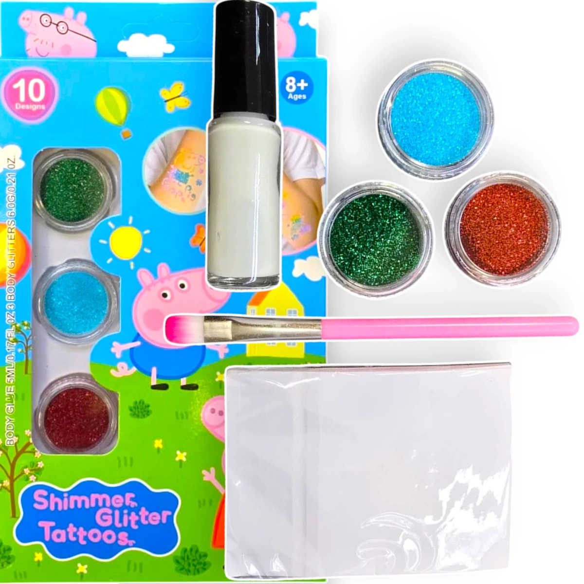 TATUAŻE ŚWINKA PEPPA ZESTAW DO TWORZENIA TATUAŻY BROKATOWYCH SZABLONY TATOO