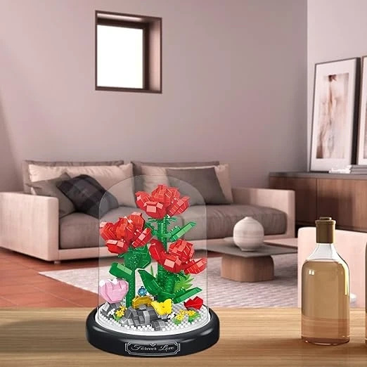 KLOCKI KWIATY RÓŻA W SZKLE CZERWONE RÓŻE W KOPULE BUKIET NA PREZENT KWIATKI