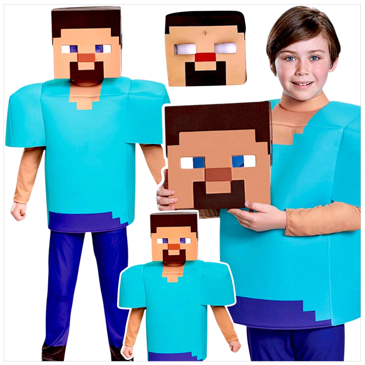 STRÓJ MINECRAFT PRZEBRANIE DLA CHŁOPCA STEVE KOMPLET MASKA KOSTIUM NA BAL