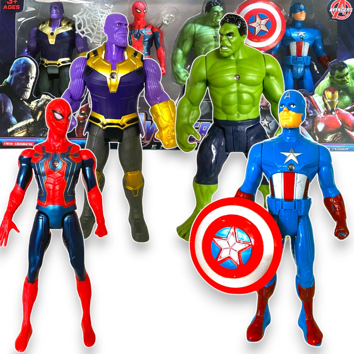 AVENGERS ZESTAW 4 FIGURKI FIGURKA HULK SPIDERMAN AMERYKA THANOS + AKCESORIA