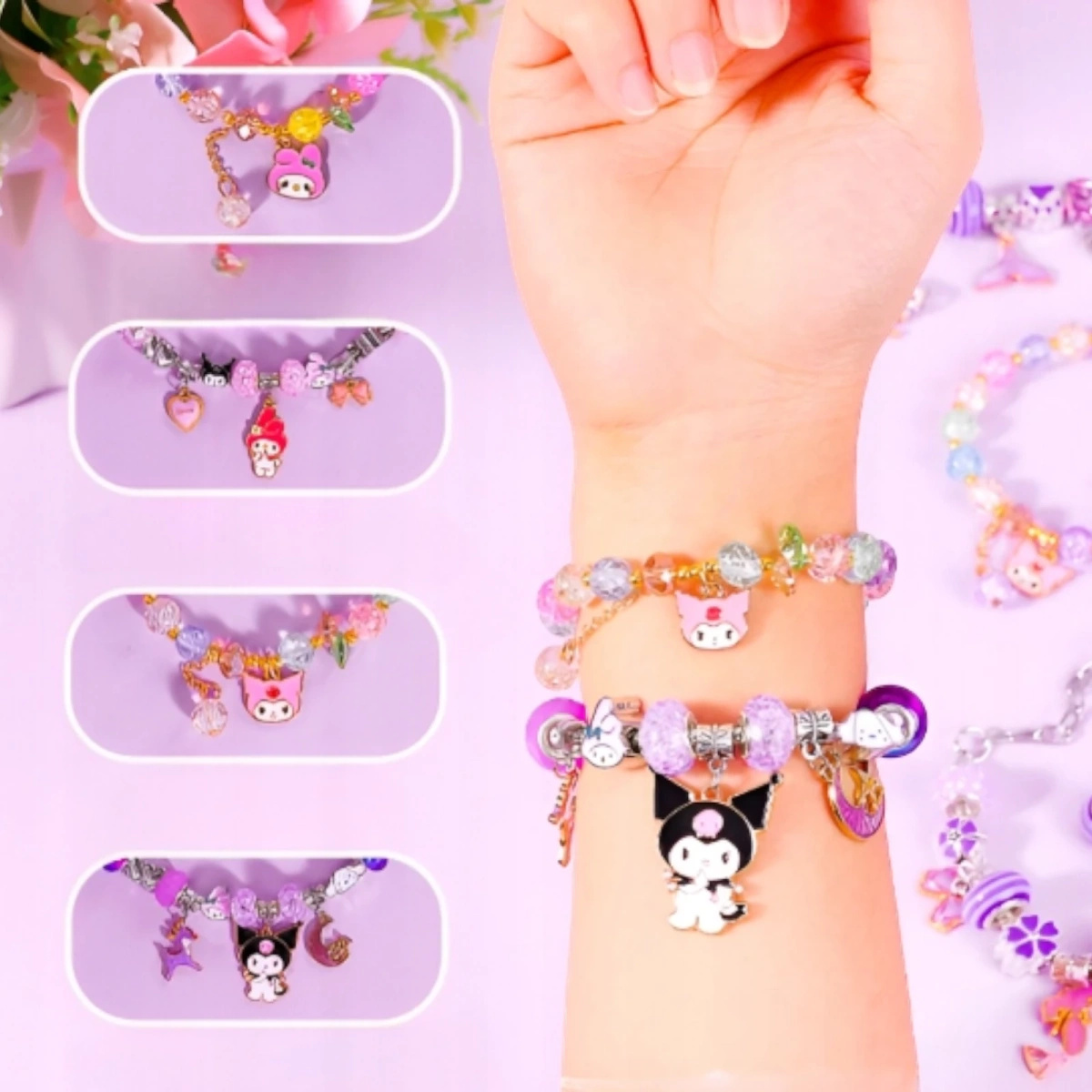 ZESTAW DO ROBIENIA BRANSOLETEK BIŻUTERII DLA DZIECI KUROMI FIOLET KUFEREK