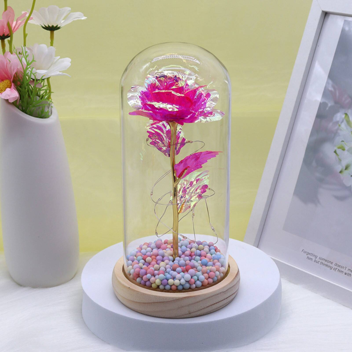 WIECZNA RÓŻA W SZKLE PREZENT NA WALENTYNKI ŚWIECĄCA LED PUDEŁKO PREZENT