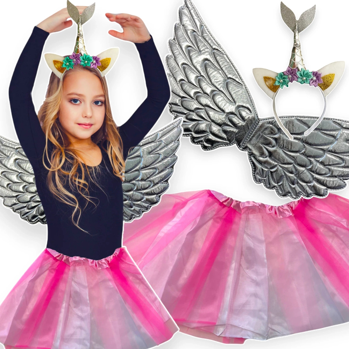 STRÓJ JEDNOROŻEC PRZEBRANIE DLA DZIEWCZYNKI SKRZYDŁA OPASKA SPÓDNICA PEGAZ