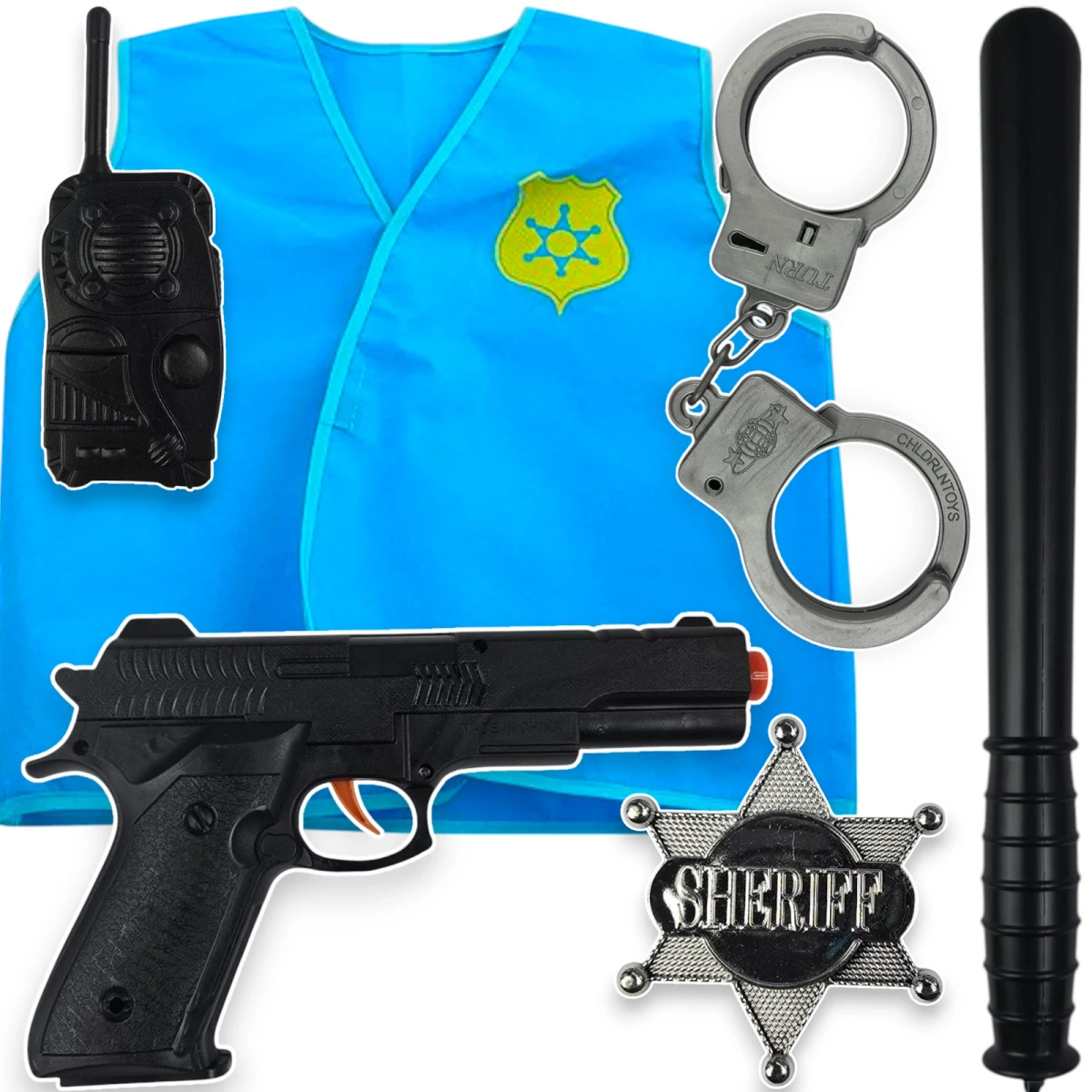 STRÓJ POLICJANTA KOSTIUM 6w1 KAMIZELKA KAJDANKI PAŁKA PISTOLET PRZEBRANIE