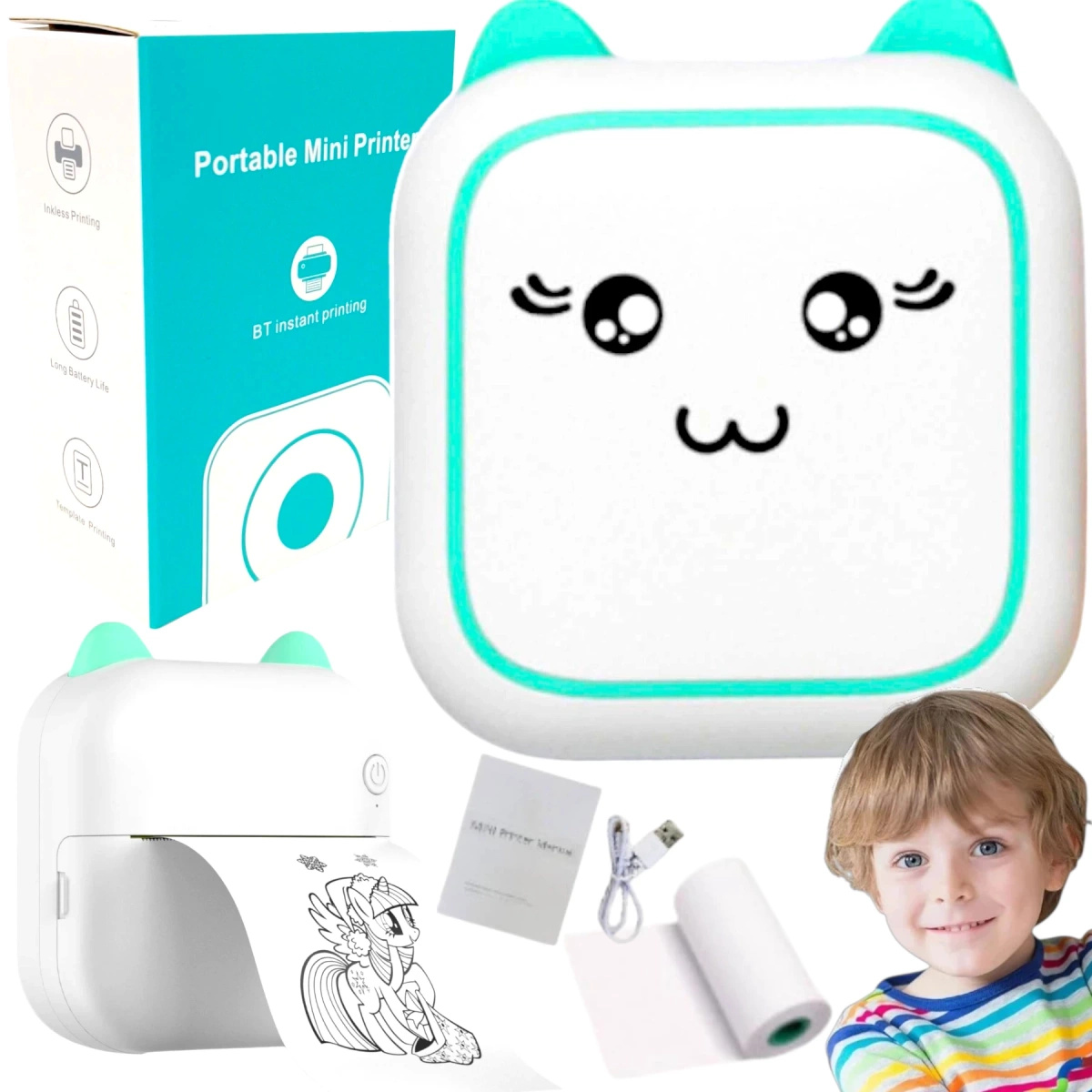 MINI DRUKARKA TERMICZNA KOTEK PRZENOŚNA PREZENT DLA DZIECI KOT DRUKUŚ ROLKA