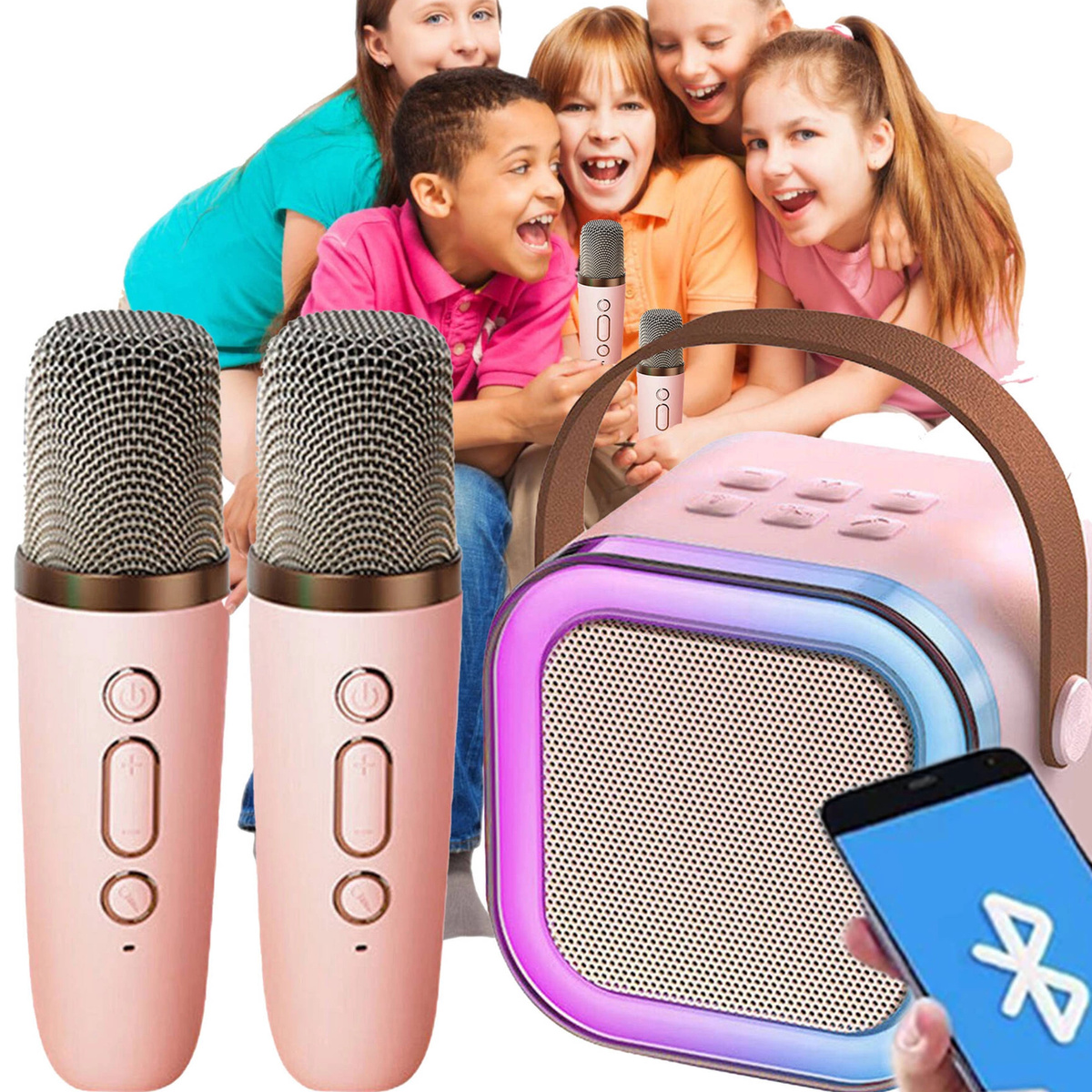 GŁOŚNIK BLUETOOTH PRZENOŚNE KARAOKE LAMPKA RGB 2 MIKROFONY USB SD MINI JACK