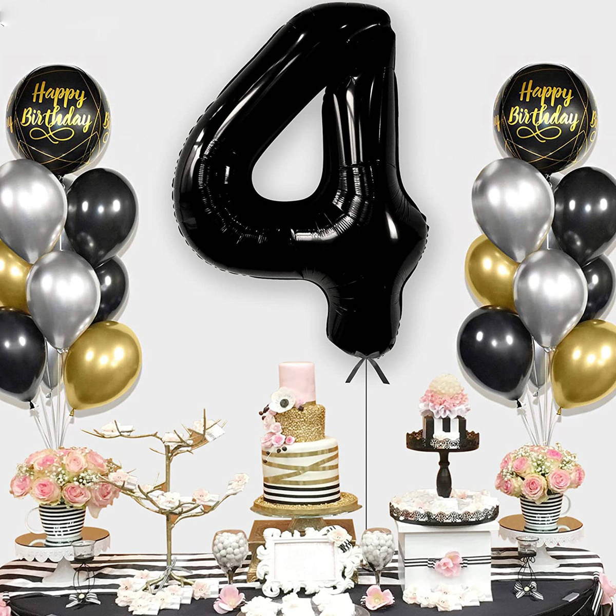 BALON NA 4 URODZINY FOLIOWY CYFRA 4 CZTERY CZARNY NA HEL POWIETRZE 100CM