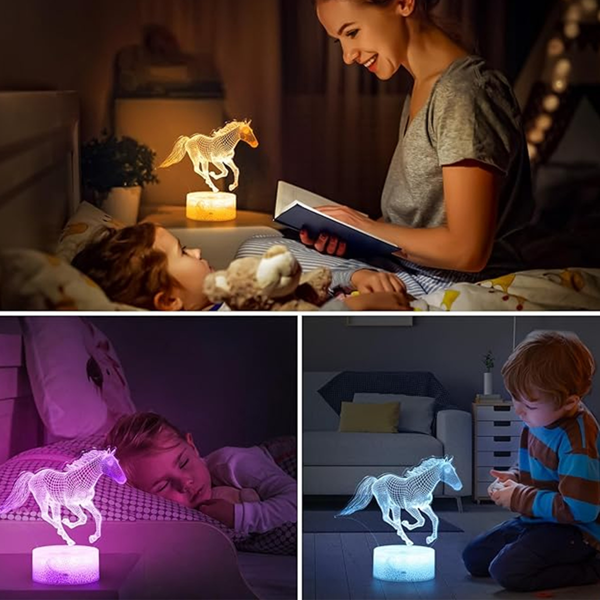 Lampka Nocna Biurkowa dla Dzieci Koń Konik Horse 16 LED 3D + Pilot