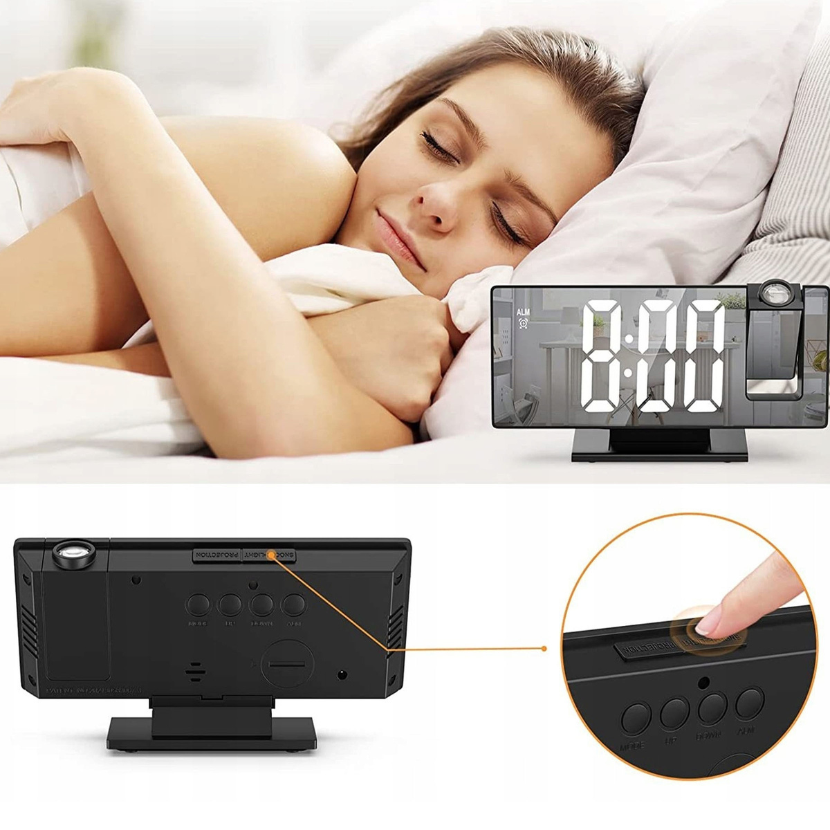 BUDZIK ZEGAR ELEKTRONICZNY GŁOŚNY Z PROJEKTOREM LED STOJĄCY CYFROWY DATA