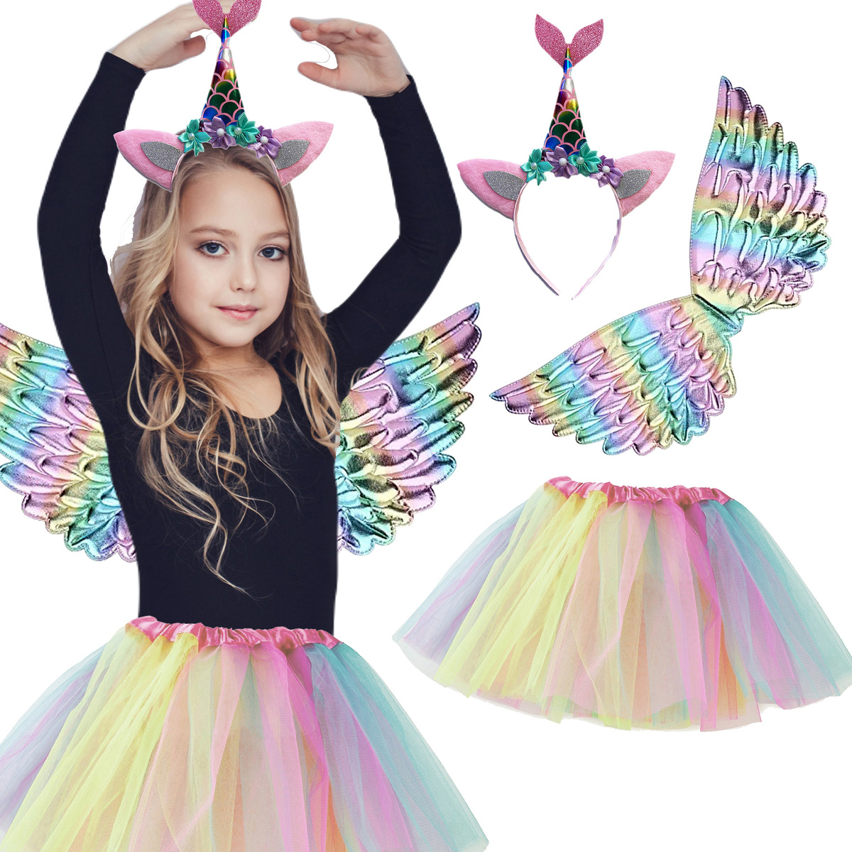 STRÓJ DLA DZIEWCZYNKI JEDNOROŻEC PEGAZ TĘCZOWY SPÓDNICZKA OPASKA PRZEBRANIE