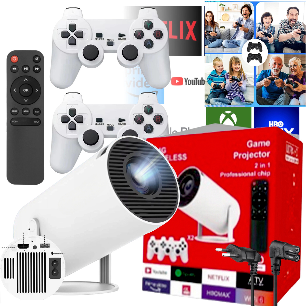 PROJEKTOR LED RZUTNIK + KONSOLA ANDROID PRZENOŚNY 2 PADY GRY PILOT WIFI USB