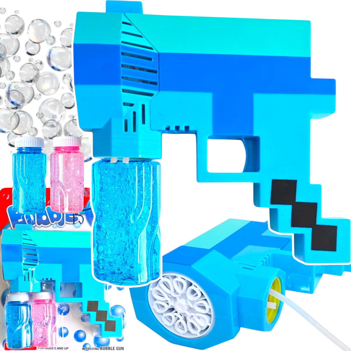 MINECRAFT PISTOLET DO BANIEK MYDLANYCH BAŃKI MYDLANE WYRZUTNIA + PŁYN PIXEL