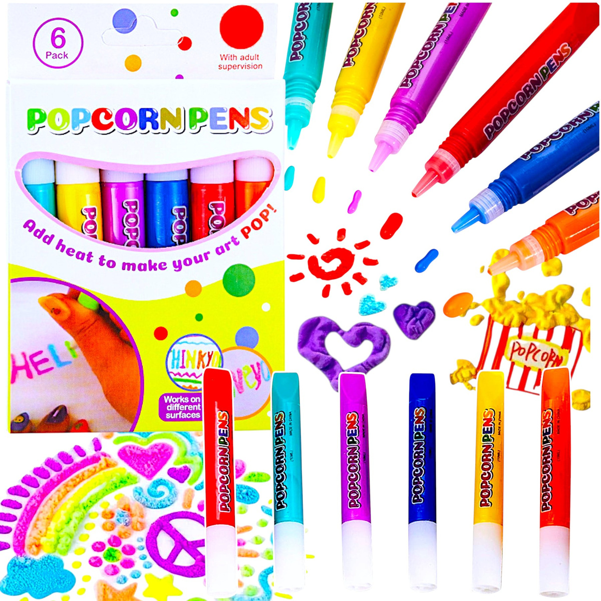  FLAMASTER MAZAK POPCORN PENS DŁUGOPIS KREDKA 3D ZESTAW 6 SZT DLA DZIECI