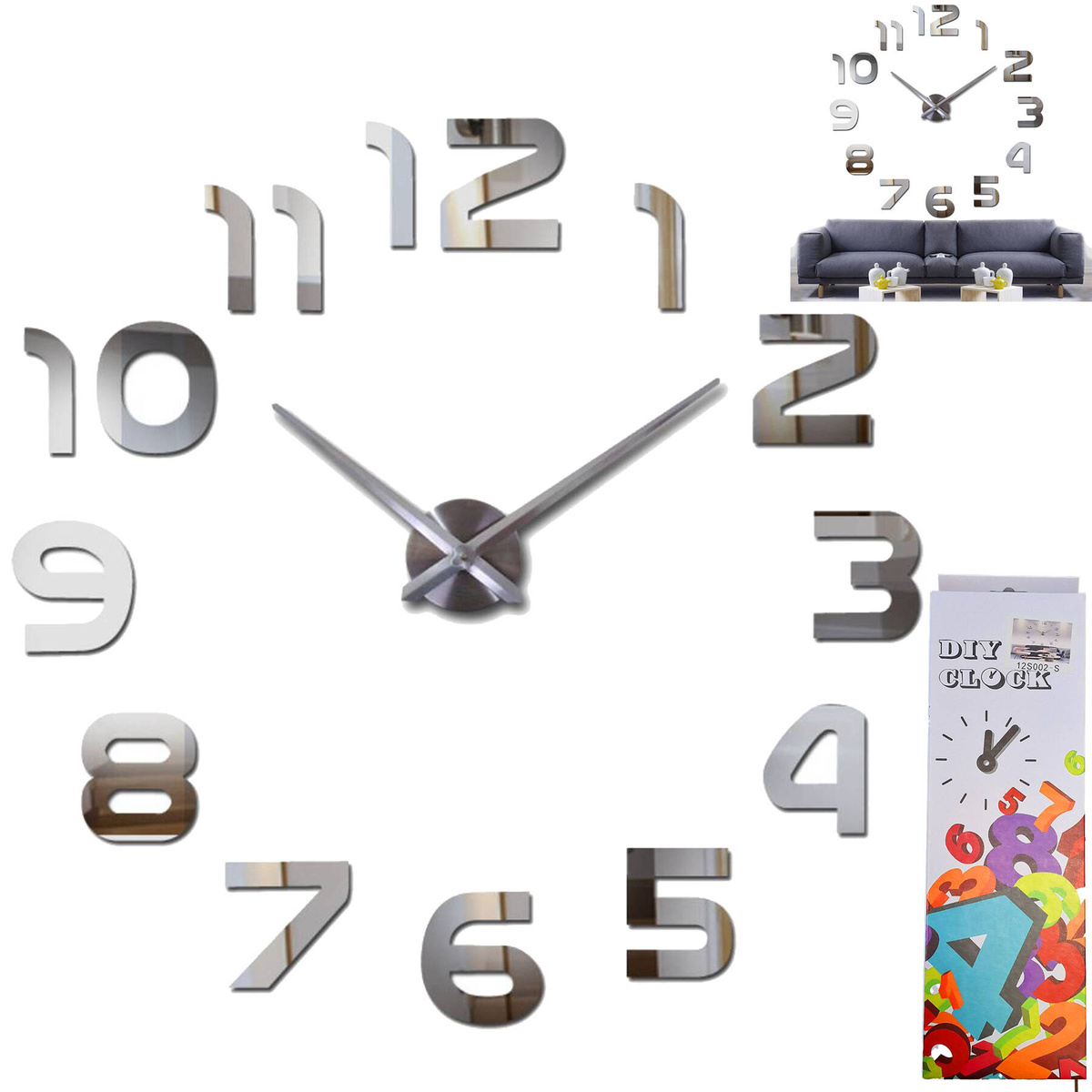 NOWOCZESNY DUŻY ZEGAR ŚCIENNY NAKLEJANY NA ŚCIANE 3D LUSTRO CICHY 130-70CM 