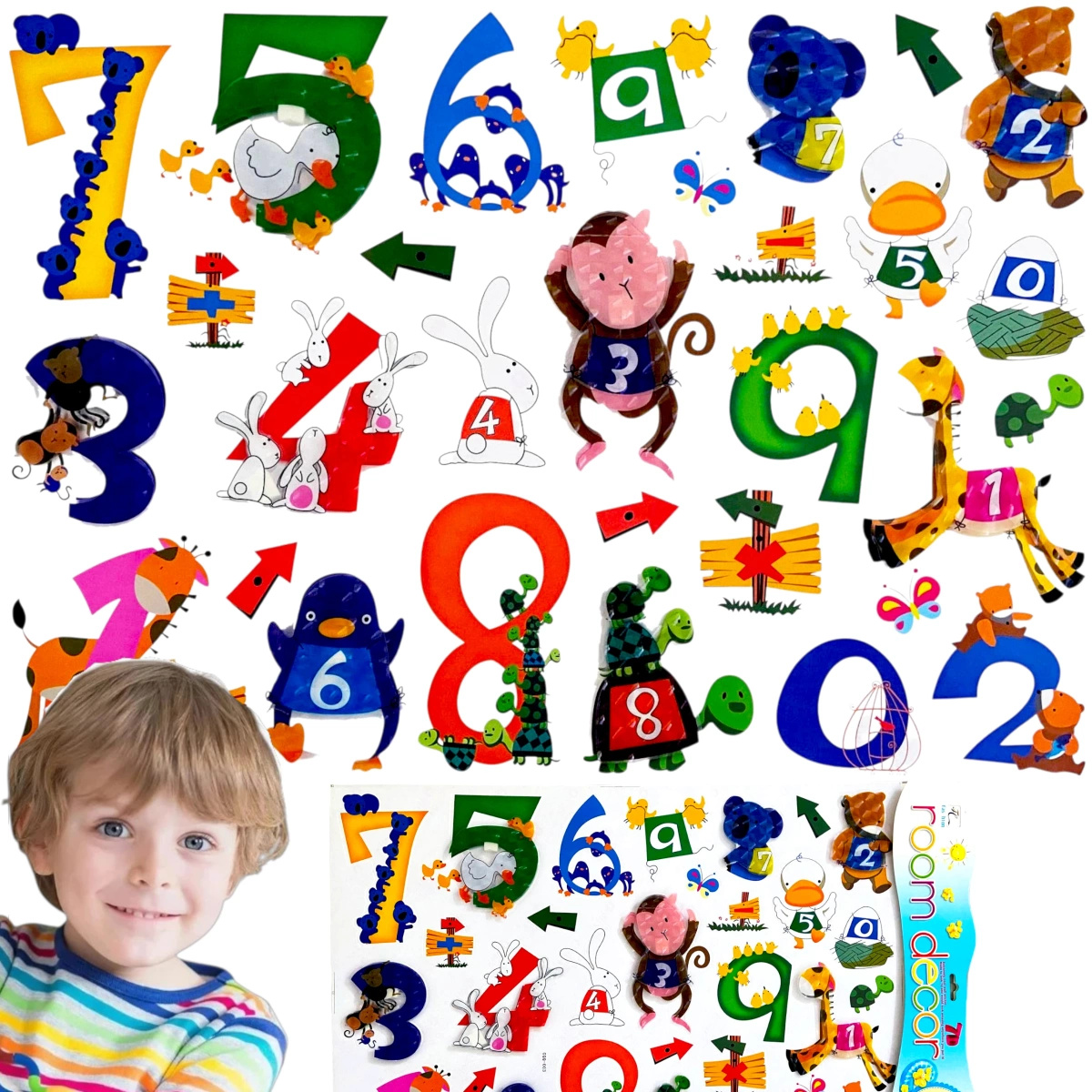 NAKLEJKI 3D NA ŚCIANĘ DLA DZIECI CYFERKI ZWIERZĘTA OZDOBA POKOJU NA ŚCIANĘ