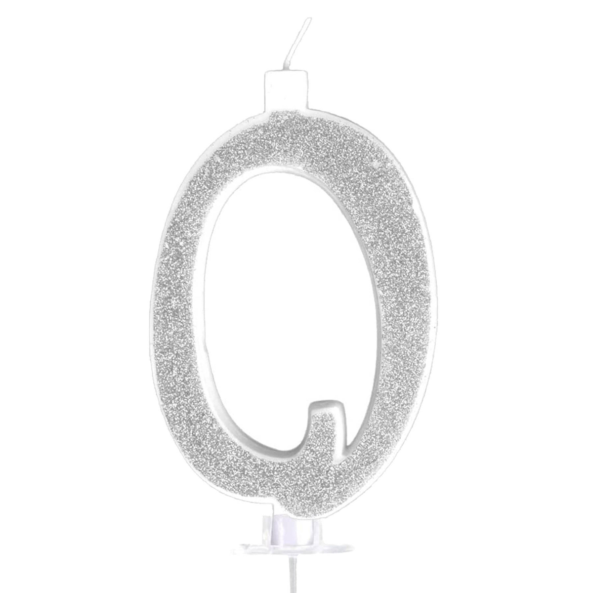 ŚWIECZKA URODZINOWA NA TORT CYFRA 0 ZERO SREBRNA Z BROKATEM NA URODZINY