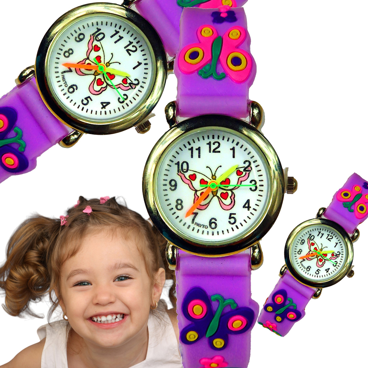 KLASYCZNY ZEGAREK DZIECIĘCY MOTYLI FIOLETOWY EDUKACYJNY NA PREZENT