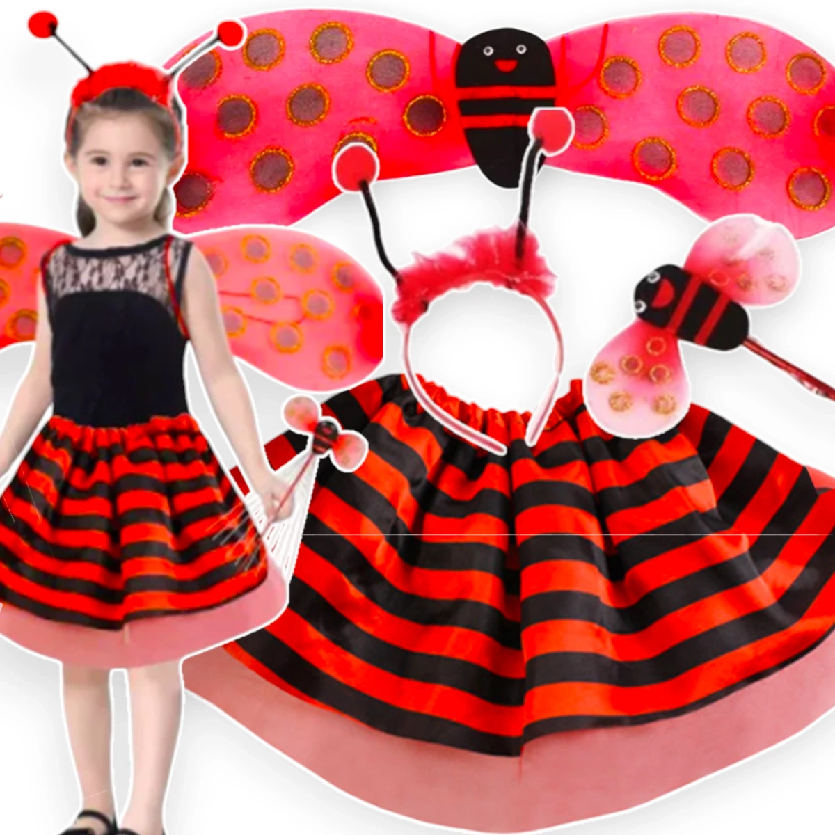 STRÓJ DLA DZIECI BIEDRONKA NA BAL SPÓDNICZKA SKRZYDEŁKA PRZEBRANIE 4w1