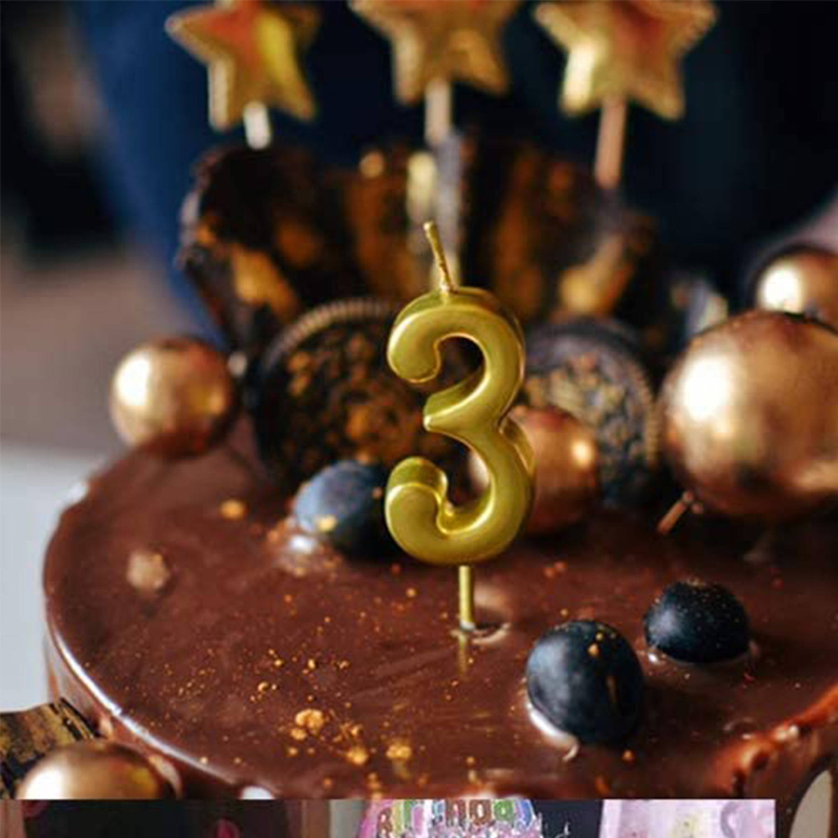 ŚWIECZKA URODZINOWA NA TORT CYFRA 3 ZŁOTA DEKORACJE URODZINOWE 6cm