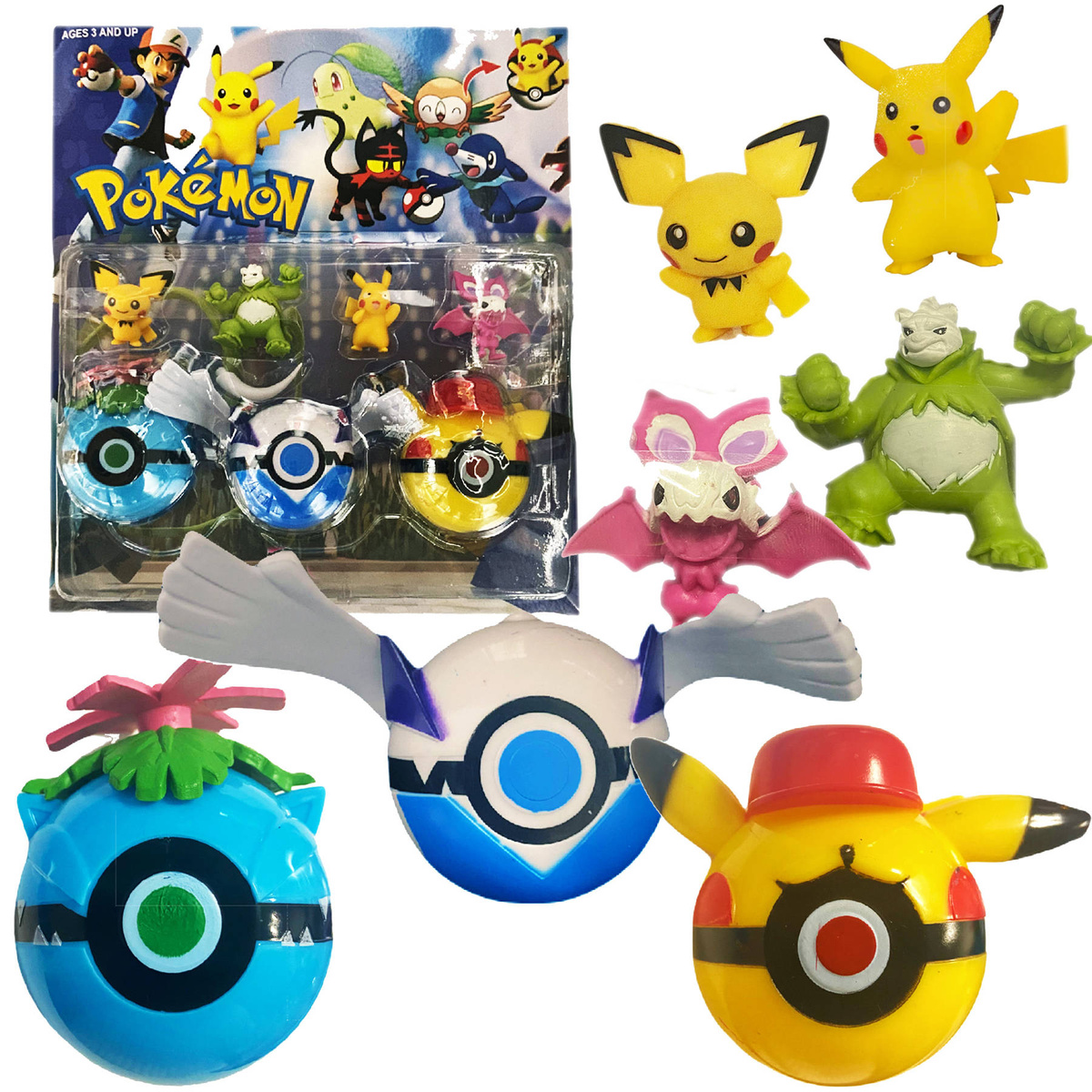POKEMON ZESTAW 7w1 4 FIGURKI Z BAJKI PIKACHU FIGURKA POKEBALL KULA 3 SZT