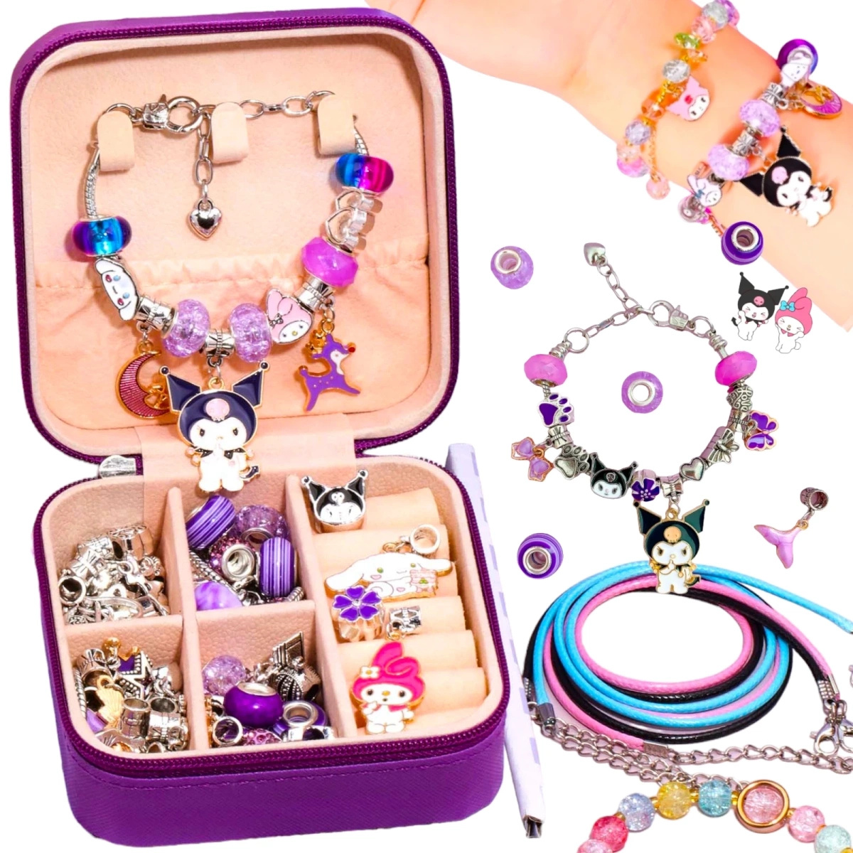ZESTAW DO ROBIENIA BRANSOLETEK BIŻUTERII DLA DZIECI KUROMI FIOLET KUFEREK