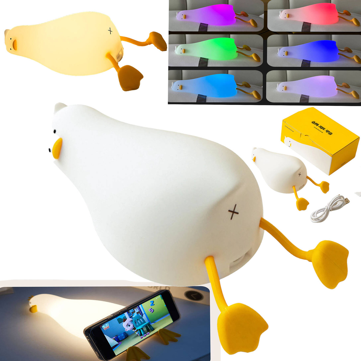 LAMPKA NOCNA LED LEŻĄCA KACZKA DLA DZIECI NA PREZET KOLORY RGB TIMER USB
