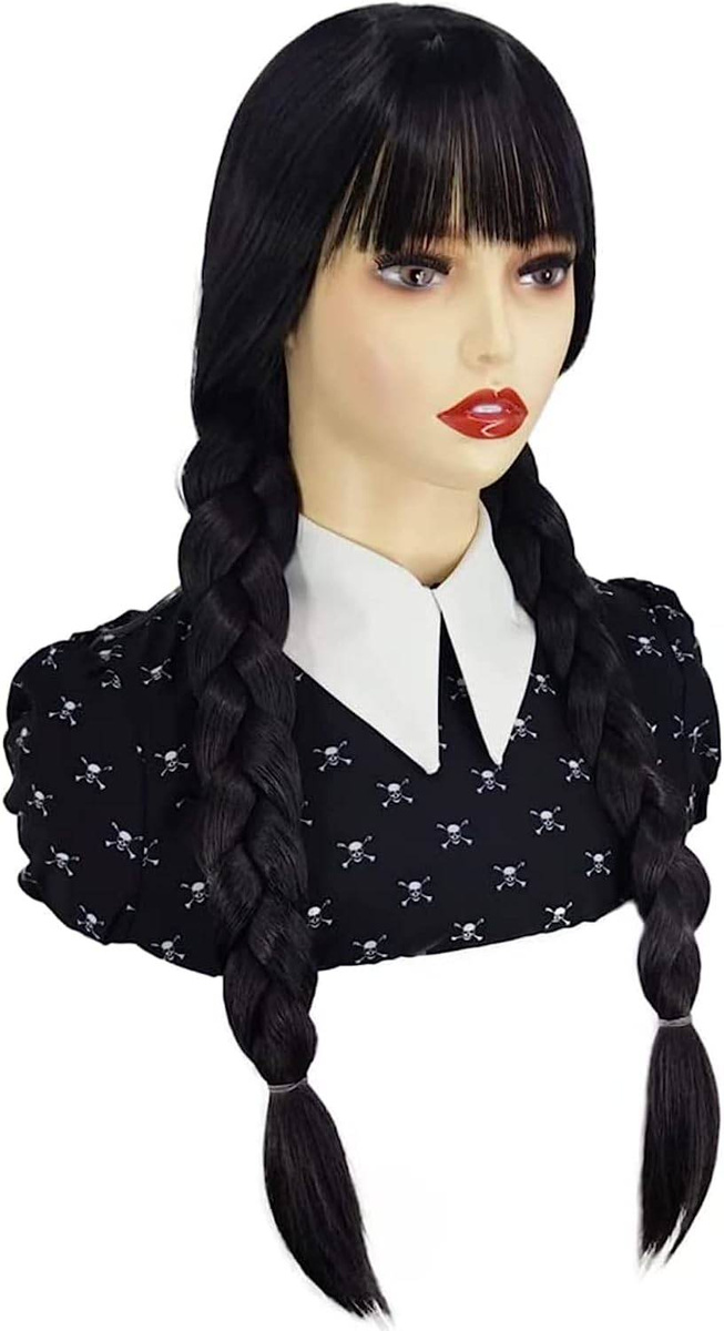 PERUKA WEDNESDAY ADDAMS WŁOSY COSPLAY WARKOCZE Z GRZYWKĄ 60CM NA IMPREZĘ