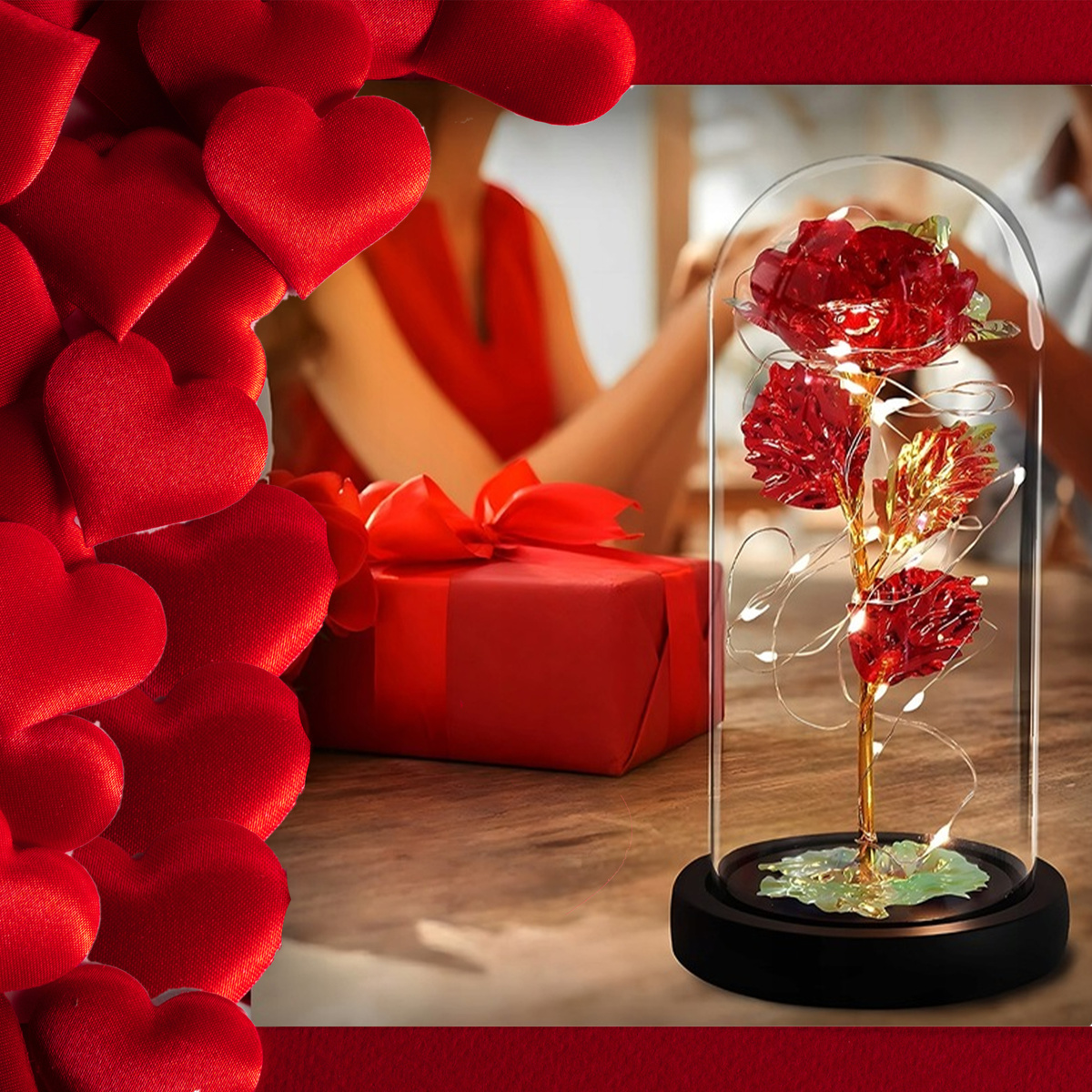 WIECZNA RÓŻA W SZKLE ŚWIECĄCA ŚWIECI LED FLOWERBOX BUKIET KWIATY NA PREZENT