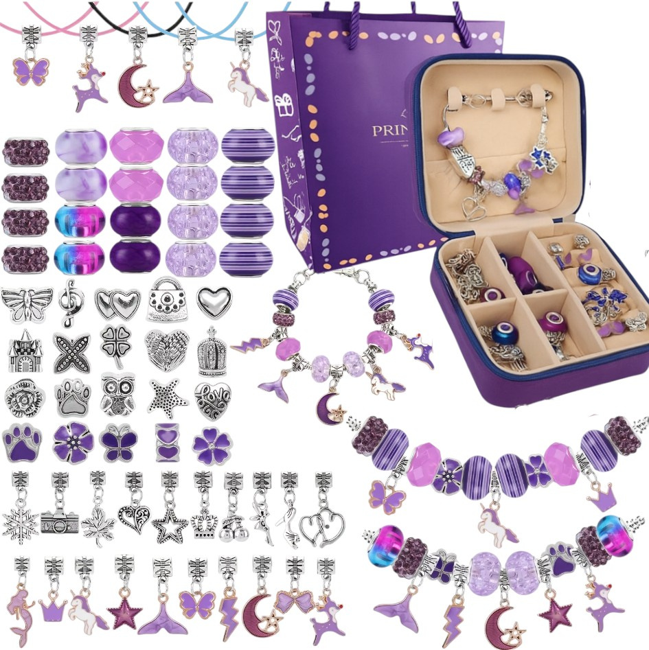 Zestaw do Robienia Bransoletek Koraliki Biżuterii Prezent Zawieszki Kuferek - FIOLETOWY