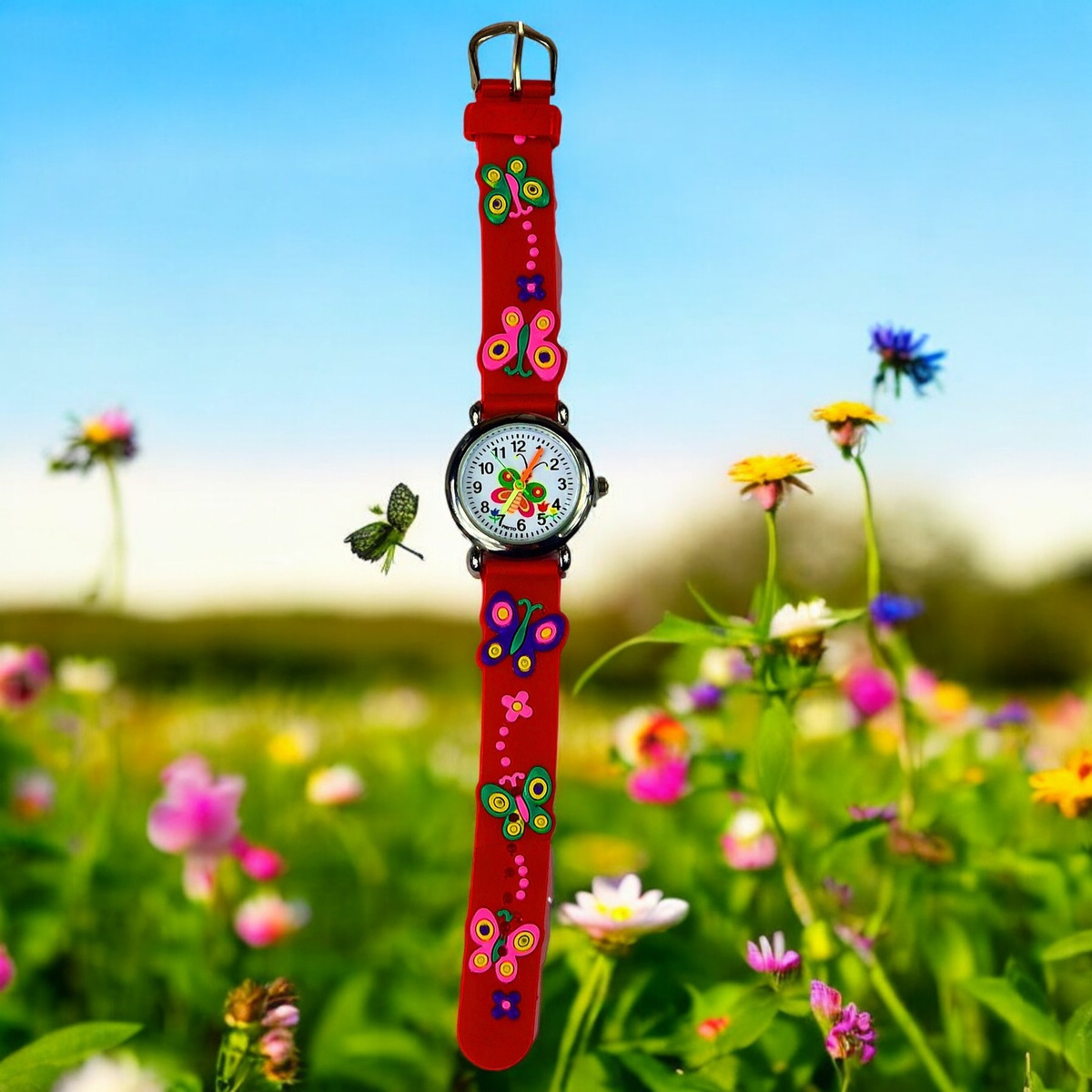KLASYCZNY ZEGAREK DZIECIĘCY MOTYLI CZERWONY EDUKACYJNY NA PREZENT
