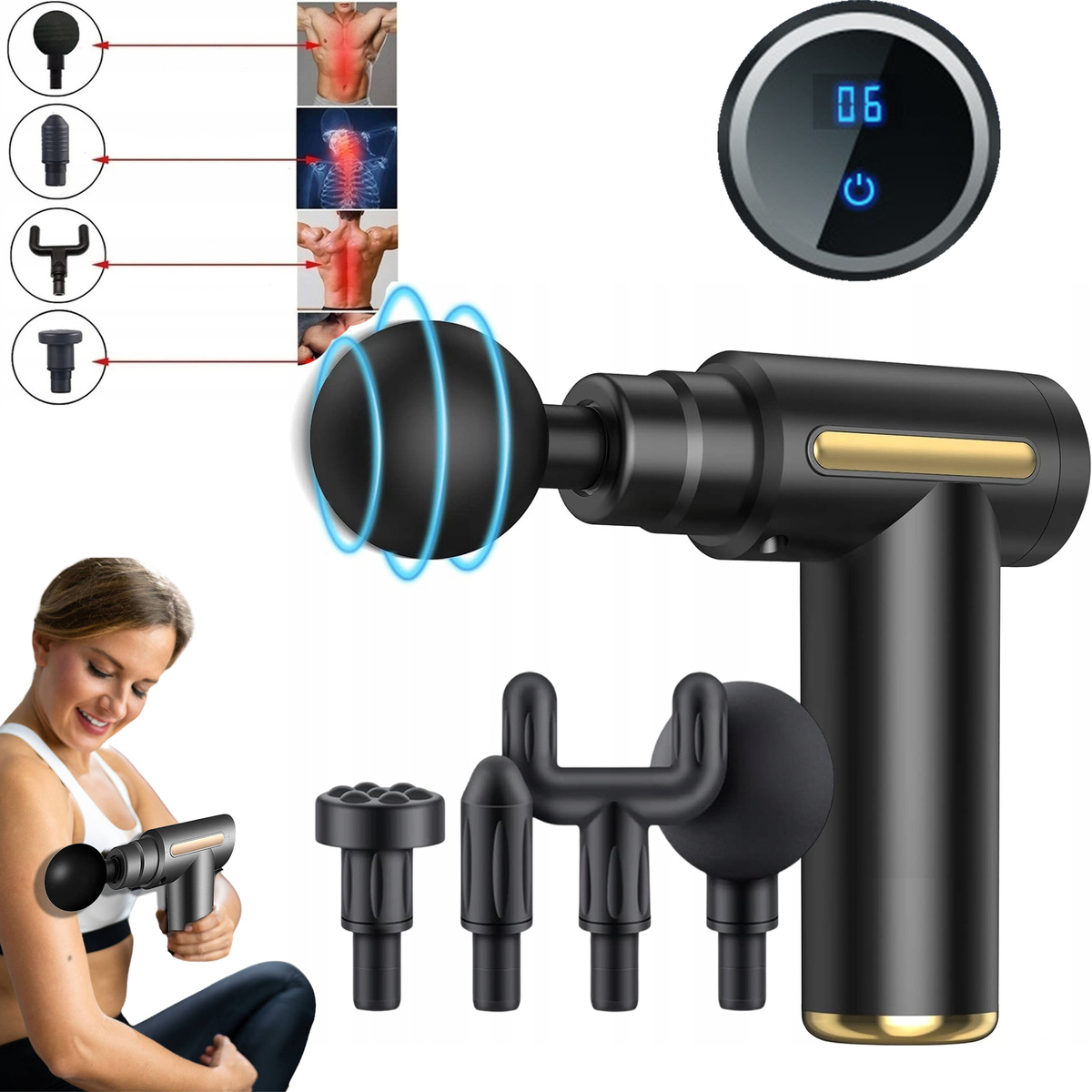 MOCNY PISTOLET DO MASAŻU PLECÓW CIAŁA STÓP 4 KOŃCÓWKI MASAŻER 24W USB 