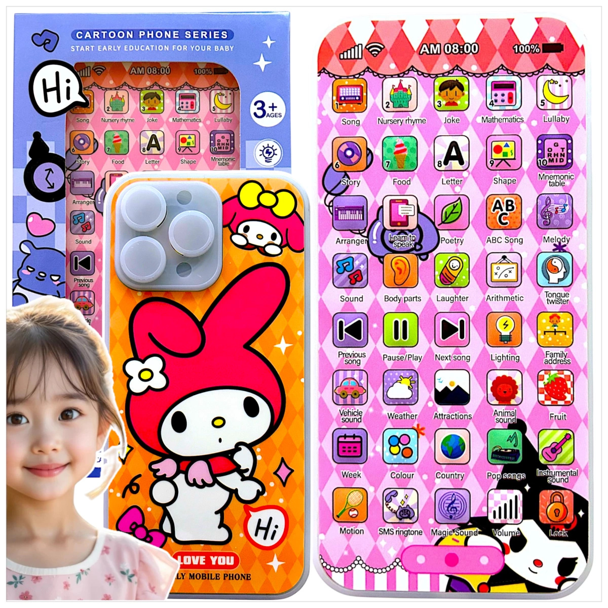 KUROMI - SMARTFON DLA DZIECI DOTYKOWY 3D TELEFON INTERAKTYWNY ŚWIECI GRA 