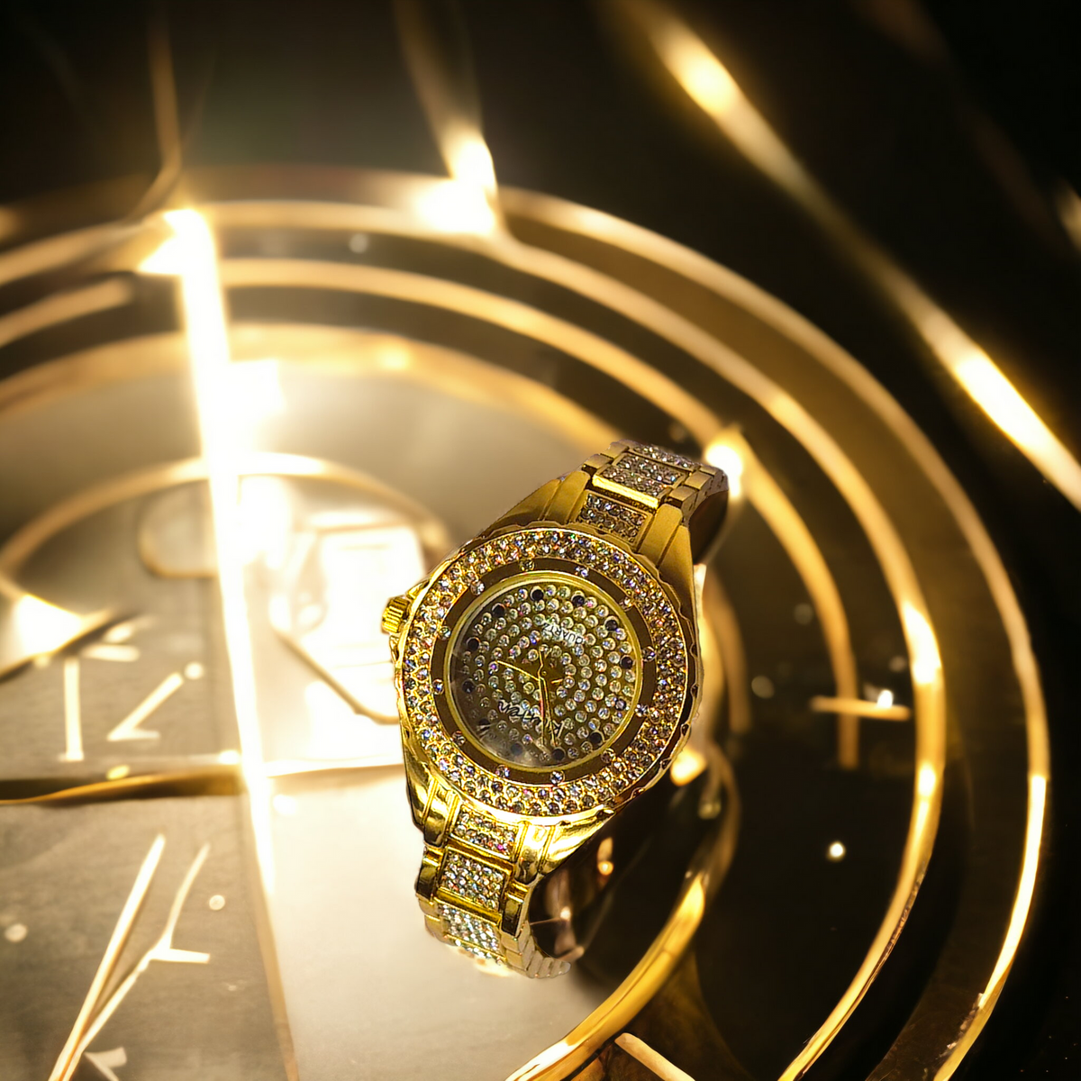 ELEGANCKI ZŁOTY ZEGAREK DAMSKI KURREN CYRKONIE KWARCOWY NA PREZENT MODNY