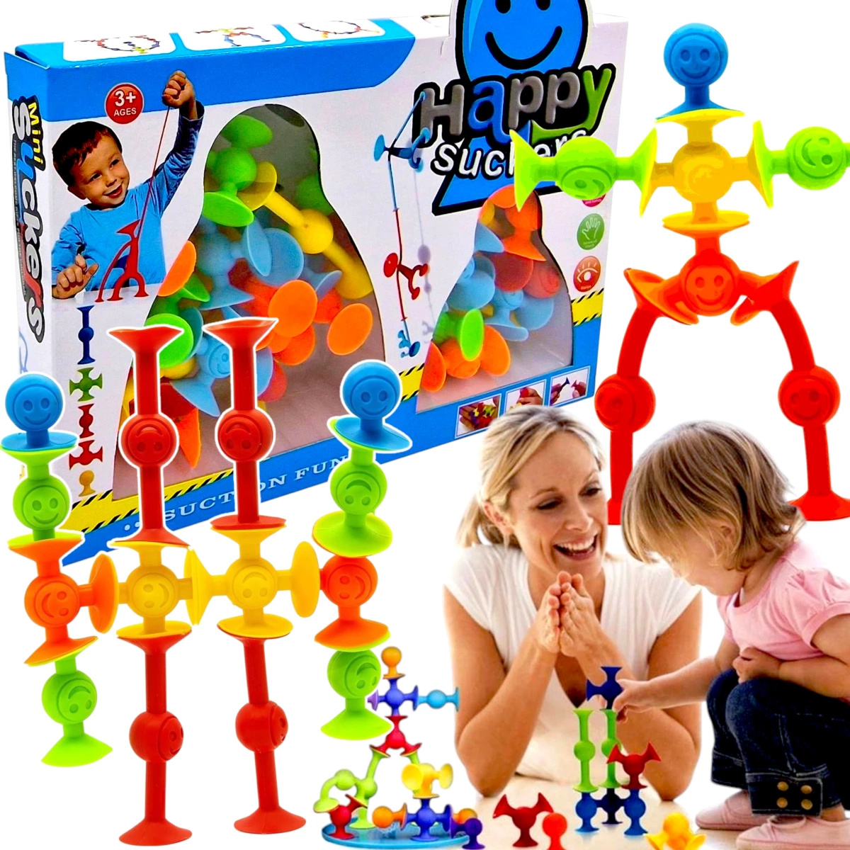 KLOCKI SILIKONOWE PRZYSSAWKI KONSTRUKCYJNE 29 SZT KOLOROWE ELASTYCZNE HAPPY