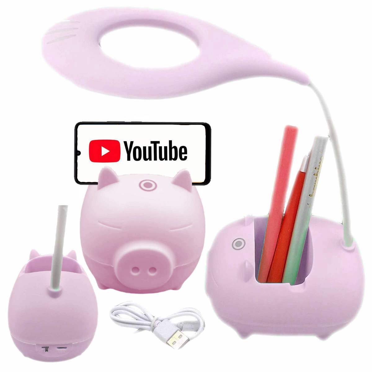 LAMPKA BIURKOWA ŚWINKA Z POJEMNIKIEM LED  PODSTAWKA NA TELEFONU DLA DZIECI