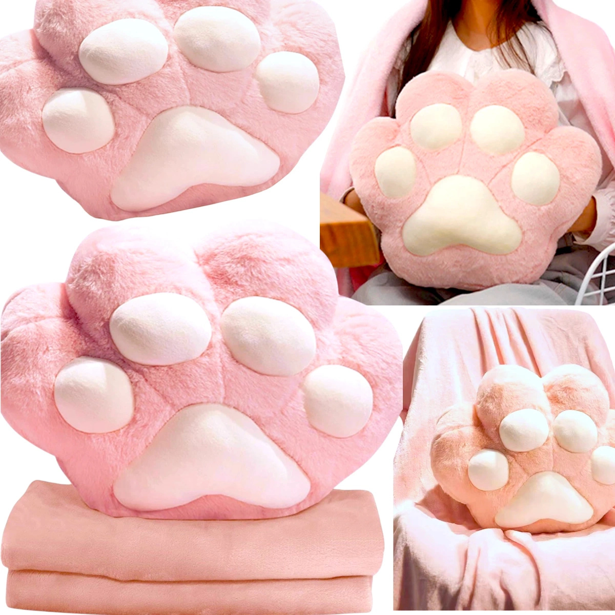 DUŻA MIĘKKA PLUSZOWA PODUSZKA KOCIA ŁAPKA Z KOCEM 3w1 OGRZEWACZ DO RĄK 40CM