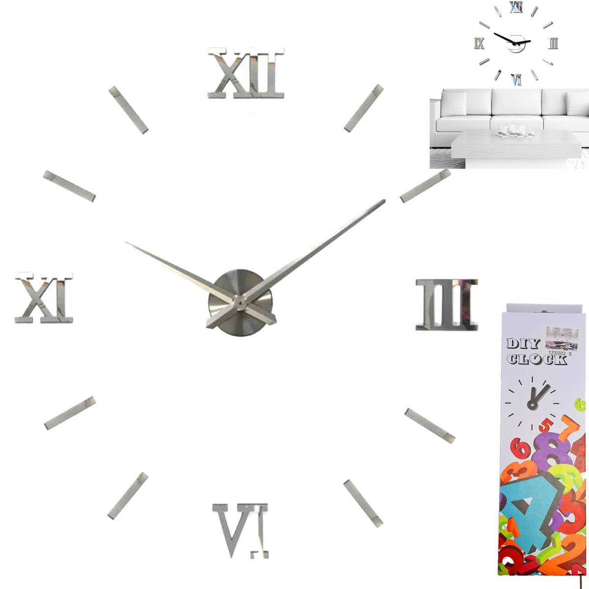 NOWOCZESNY DUŻY ZEGAR ŚCIENNY NAKLEJANY NA ŚCIANE 3D LUSTRO CICHY 130-70CM 