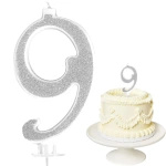 ŚWIECZKA URODZINOWA NA TORT CYFRA 9 SREBRNA Z BROKATEM 13cm DEKORACJA