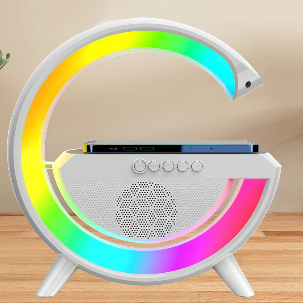 Nowoczesna Lampka Led RGB Z Ładowarką Indukcyjną 15W Głośnik Bluetooth 