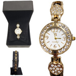KLASYCZNY ZŁOTY ZEGAREK DAMSKI CYRKONIE PUDEŁKO ZE SKÓRY KWARCOWY  PREZENT