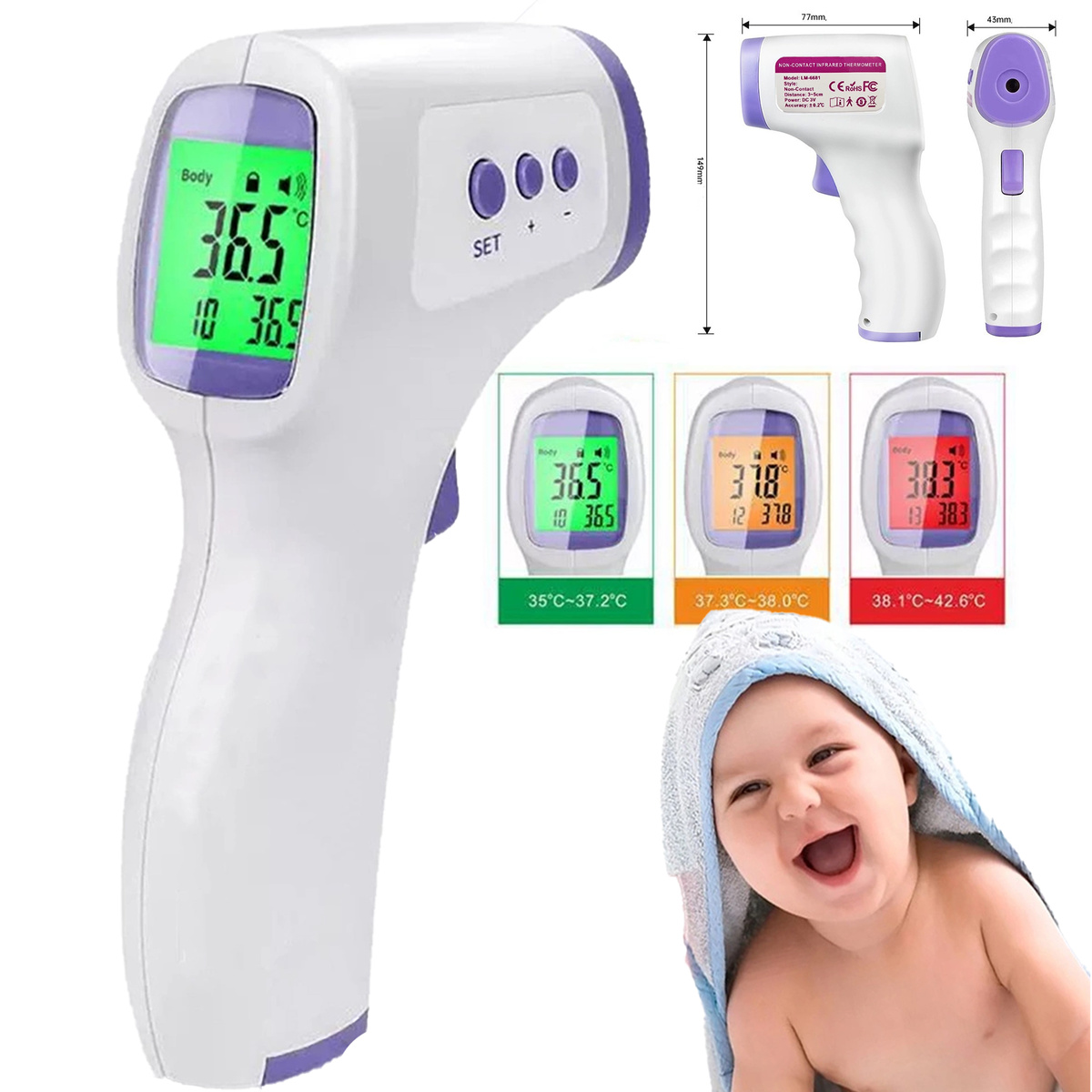 TERMOMETR BEZDOTYKOWY NA PODCZERWIEŃ LCD DLA DZIECI I DOROSŁYCH DOKŁADNY