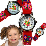 KLASYCZNY ZEGAREK DZIECIĘCY MOTYLI CZERWONY EDUKACYJNY NA PREZENT