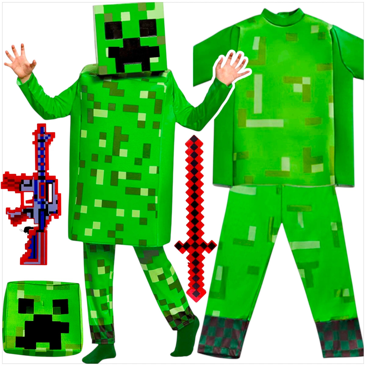 MINECRAFT Strój dla chłopca CREEPER / kostium na bal rozmiar M 120-130 cm + miecz + karabin