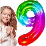 BALON NA 9 URODZINY FOLIOWY CYFRA 9 DZIEWIĘĆ TĘCZOWY KOLOROWY NA HEL 100CM