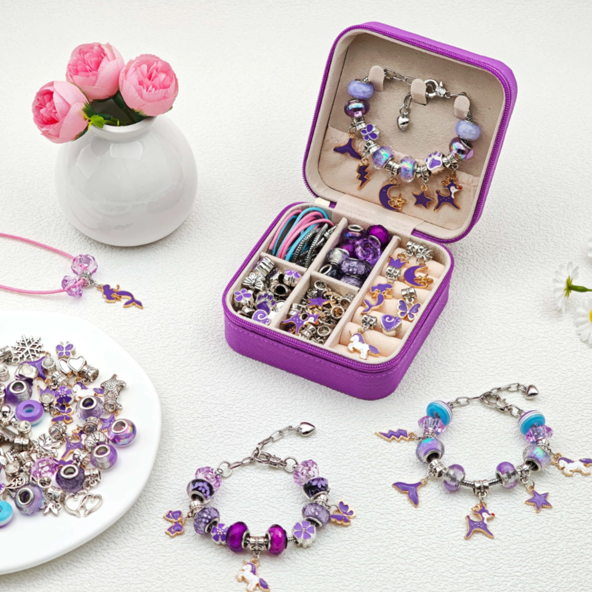 Zestaw do Robienia Bransoletek Koraliki Biżuterii Prezent Zawieszki Kuferek - FIOLETOWY